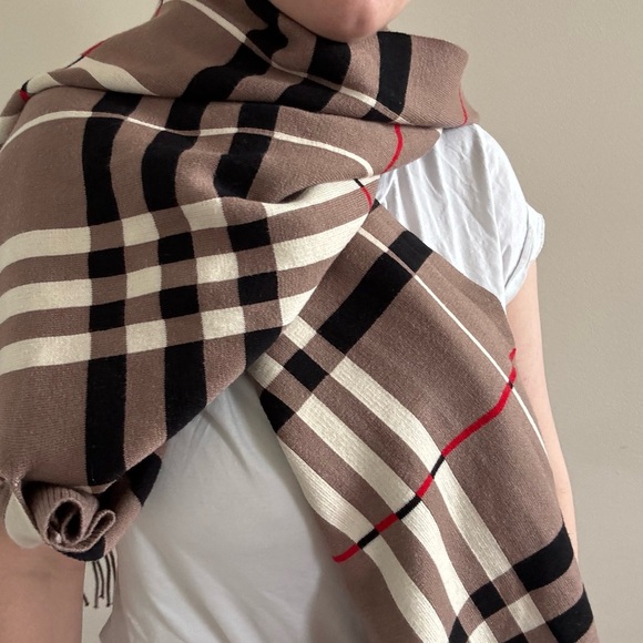 Accessories - Check Plaid Soft Shawl Scarf Wrap w/ Arm holes Neutral Plaid Print